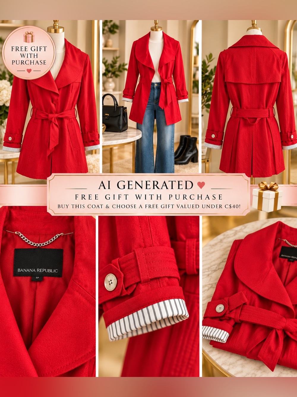 Banana Republic Red Belted Trench Coat | Small Petite | Statement Red